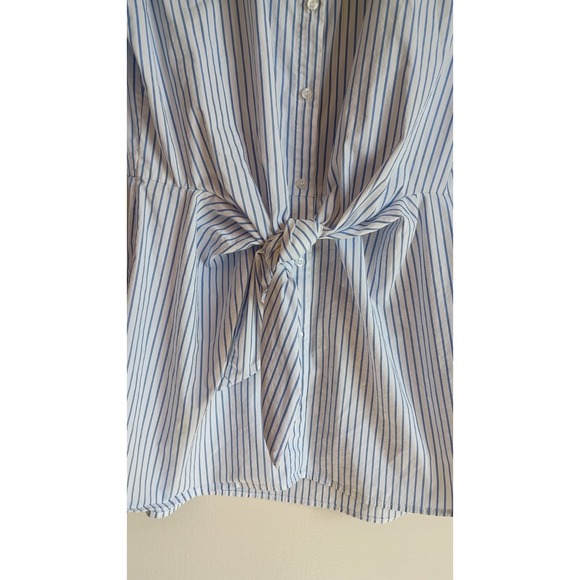 Calvin Klein Blue White Striped Tunic Button Down Blouse Roll Tab Sz L Tie Front - Picture 2 of 10